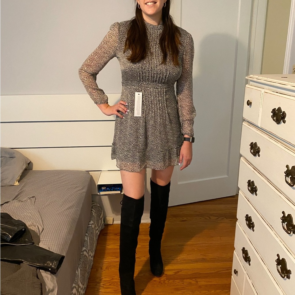 Topshop White and Black Smocked Sheath Dress with Bishop Sleeves